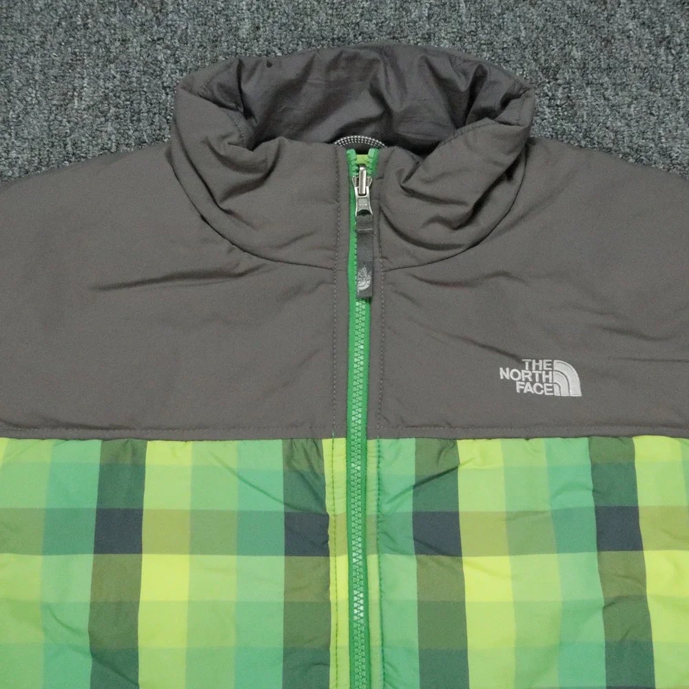 The North Face Vest Youth XL Green Gray Full Zip Puffer Plaid Insulated Boys